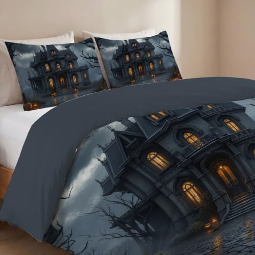 Charcoal Gray Night Sky Haunted House Duvet Cover Set For Women Girls