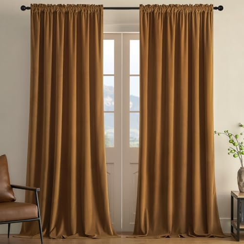 Joydeco Brown Velvet Curtains 72 inch Length 2 Panels, Luxury Blackout