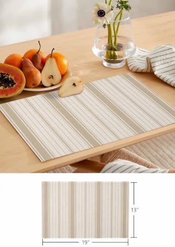 Beige Striped Table Mats Set of 6 with Table Runner 90 Inches