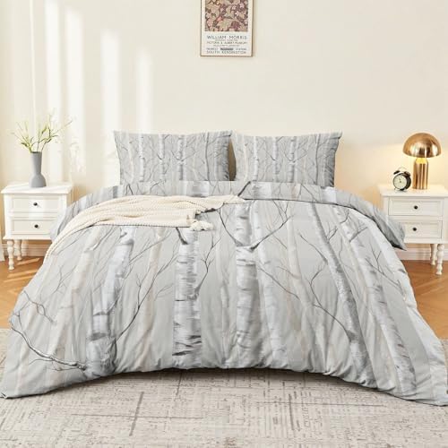 Duvet Cover Set, Grey Minimalist Natural Tree Pattern Bed Sets, Ultra