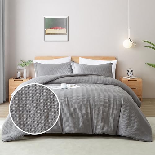 BOLINLIVING Waffle Weave Duvet Cover King Size, 3PCS Microfiber Duvet