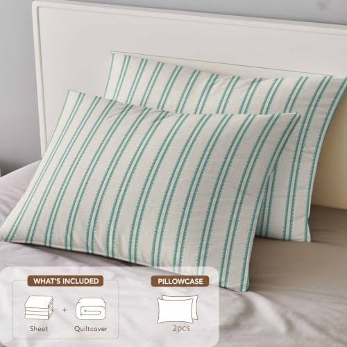 Green Ticking Stripe California King 4 Piece Duvet Cover Set