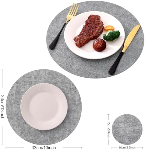 Homaxy Round Faux Leather Placemats and Coasters, Set of 6, Light Grey