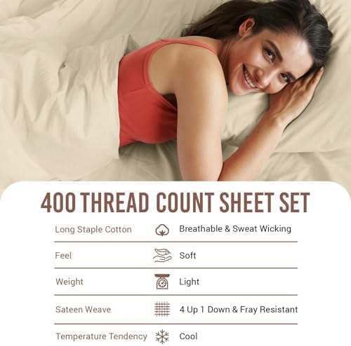 Pizuna 100% Cotton Sheets Set Twin 400 Thread Count Beige