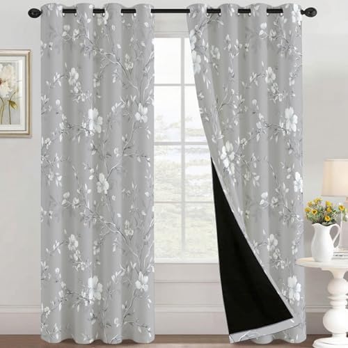 Grey Floral Blackout Curtains for Bedroom, 96 Inch 2 Panels, Flower
