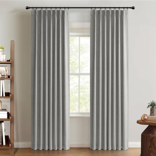 Grey Total Blackout Linen Pinch Pleated Curtains 108 Inches Long