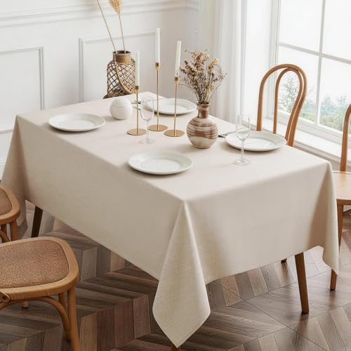 Faux Linen Tablecloth, 100% Polyester, 60 x 102 Inches, Beige