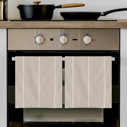 Beige Striped Kitchen Towels Set of 3, Water Absorbent Dish Towel