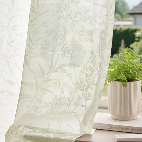 Anmao Cream Semi Sheer Light Filtering Extra Long Curtains 2 Panels