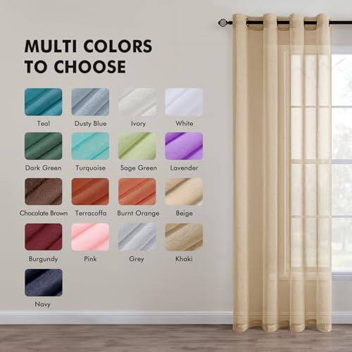 MIULEE Beige Khaki Sheer Curtains Linen Textured Panels 54X84 Inches