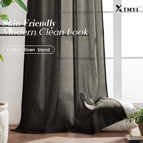 XTMYI Chocolate Brown Curtains 96 Inches Long 2 Panel Set,Sheer Linen