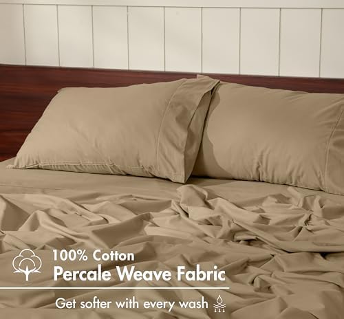 RUVANTI 100% Cotton Full Sheet Set, Percale Full Size Sheets, Olive