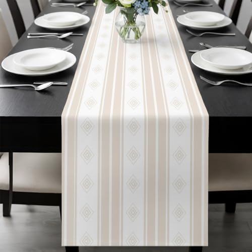 Beige Striped Table Runner 108 Inch Long Dresser Scarves Cotton Linen