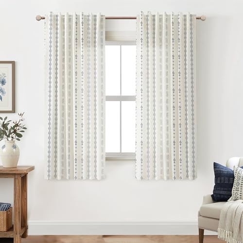 Sheer Linen Boho Patterned Curtains 50x63 Inches Long for Living Room