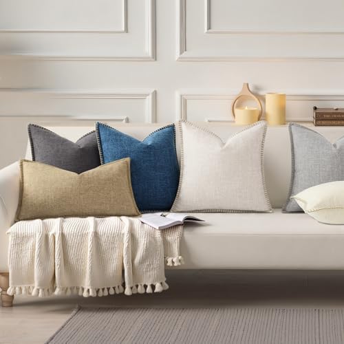 decorUhome Beige Faux Linen Outdoor Throw Pillow Covers 20x20 Set of 2