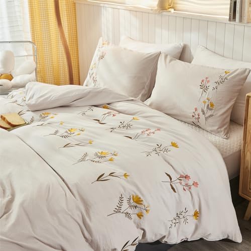INFLAG Flower Duvet Cover Set, 3 Piece Cover Set Embroidered Floral