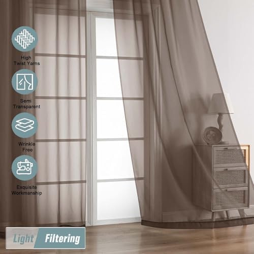 Chocolate Sheer Curtains for Window 72 inches Long 2 Panels Set, Soft