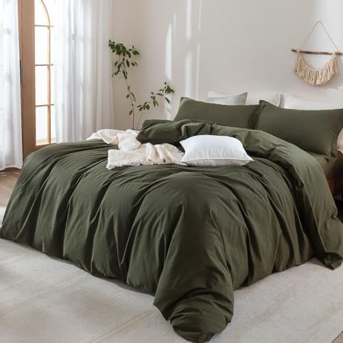 3Pcs Olive Green Solid Queen Duvet Cover Set Washed Cotton