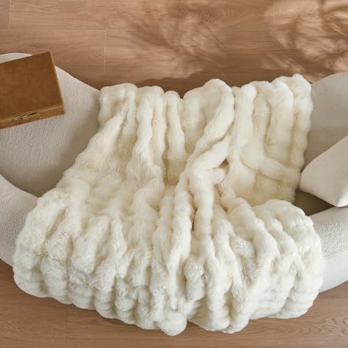 Wajade Fluffy Faux Fur Throw Blanket for Couch Bed 90x106, Luxury Soft