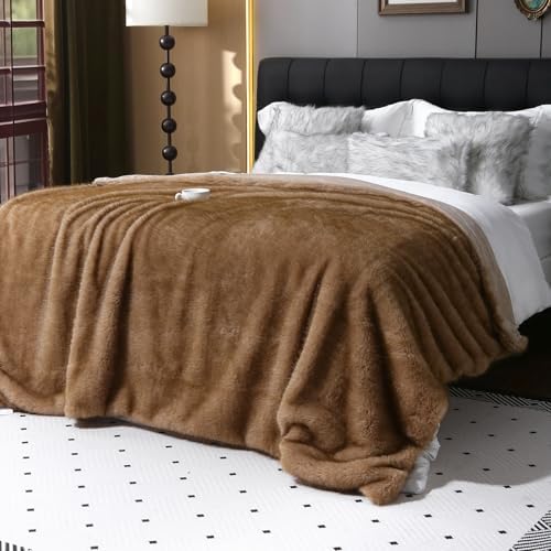 MERRYLIFE Luxury Plush Faux Fox Fur Throw Blanket for Bed Pale Brown