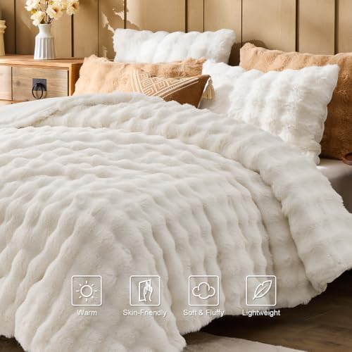 Lotus Karen Faux Fur King Comforter Set – Cream White Fluffy Comforter