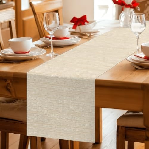 Modern Boho Table Runner 108 Inches, Solid Color Linen Texture Beige