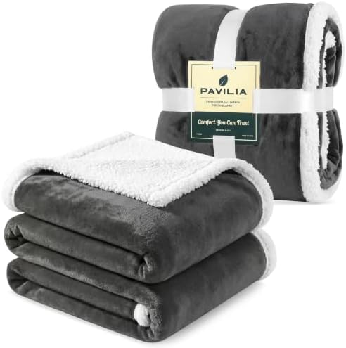 PAVILIA Sherpa Fleece Throw Blanket for Couch, Dark Grey, Plush Soft