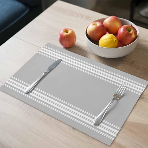 Placemats Set of 8, Grey Stripes Farmhouse Style Washable Table Mats