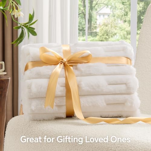 BEDELITE Faux Fur Cream Twin Blanket Soft Plush Striped for Couch