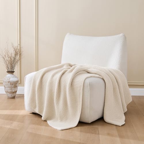 Beige Throw Blanket, Garter Knit, 50" x 60", Ivory Beige