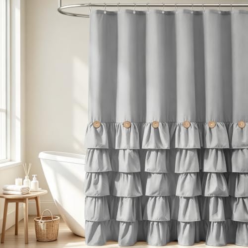 BTTN Grey Ruffle Farmhouse Shabby Chic Fabric Shower Curtain, 72x72