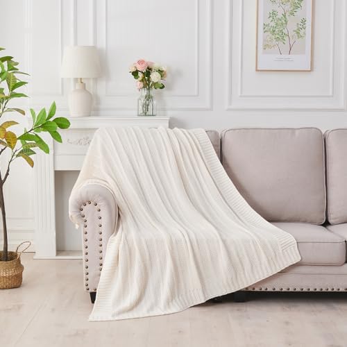 Douceur Cream White Stripe Knit Throw Blanket 50"x60"