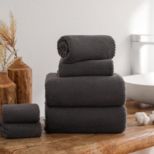 Luxury Bath Towel Set 6 Pcs, 100% Cotton Bathroom Towels, Dark Grey