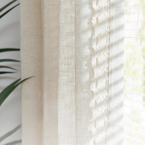Beige Linen Curtains 63 Inch Long for Bedroom Living Room Semi Sheer