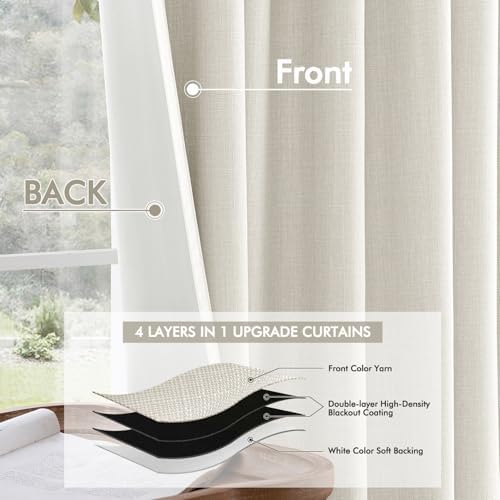 MIULEE 100% Blackout Back Tab Pleat Linen Curtains 50" Wx96 L,Ivory