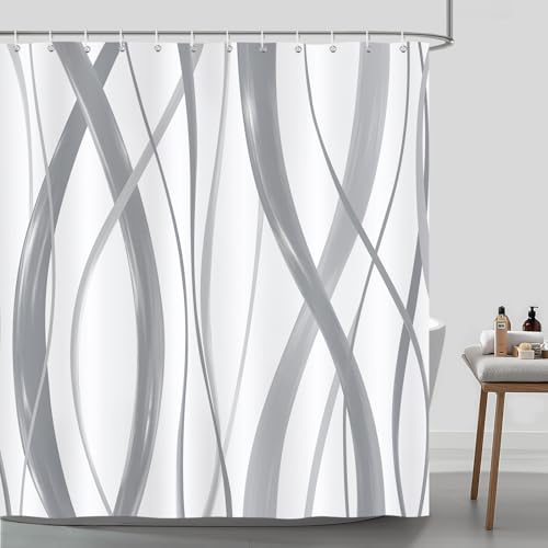 Bonhause Grey and White Striped Shower Curtain, Abstract Wavy Lines