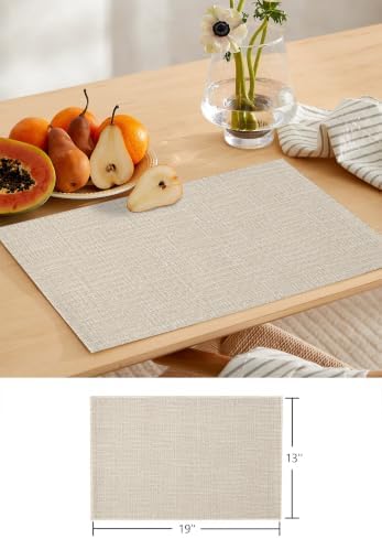 Table Runner and Placemats Set of 6 Beige Linen Woven Texture Table