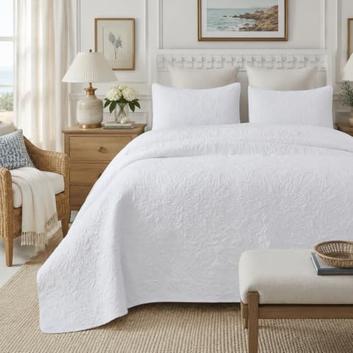Brandream White Botanical Cotton Quilt Set King Floral Stitched Quilts
