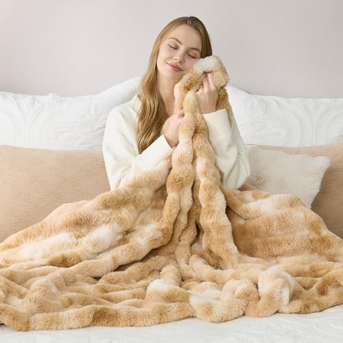 Cozy Bliss Deluxe Striped Rabbit Faux Fur Throw Blanket, 60"x80"