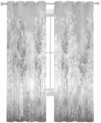 Grey Tree Sheer Curtains 63 Inch Length Grommet Semi Sheer Drapes for