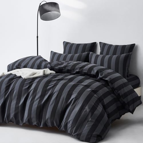 Black Dark Gray Stripe Duvet Cover Set King 100% Cotton Twill Bedding