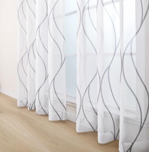 L.Z.E White Sheer Curtains 63 Inch Length 2 Panels Set, Grey Curved