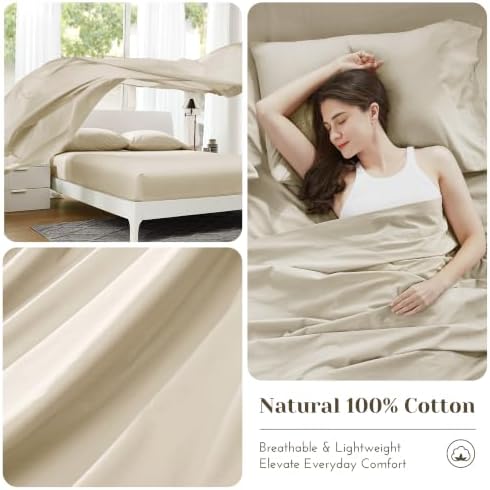 Comfort Spaces 100% Cotton Percale Sheets Twin Sheet Set 3 Pcs, Cream