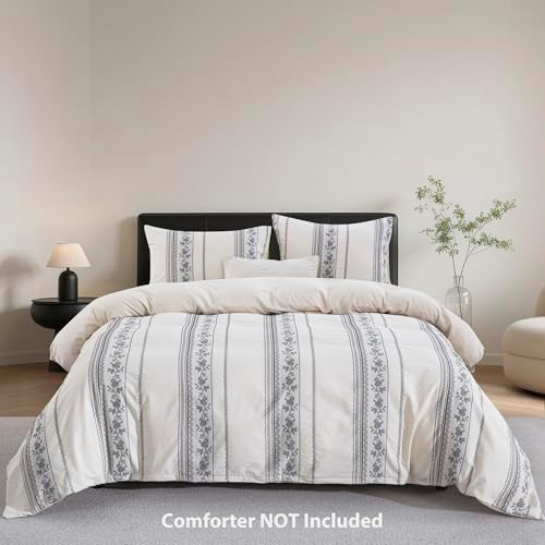 Cotton Linen Duvet Cover King Size, Natural Rose Vine Stripe Textured