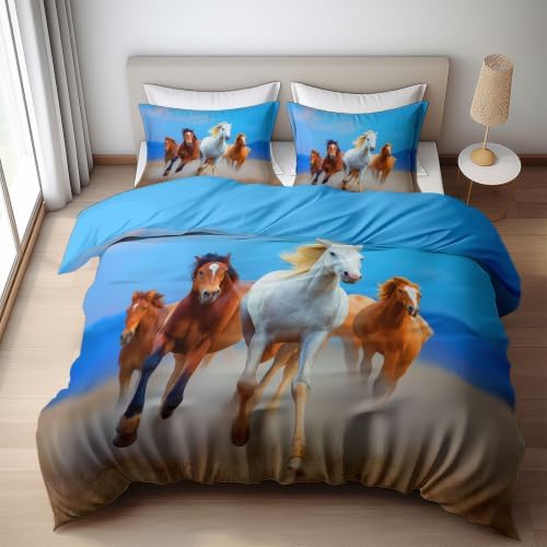 King Duvet Cover Set Soft Microfiber Running Horse Sky Blue