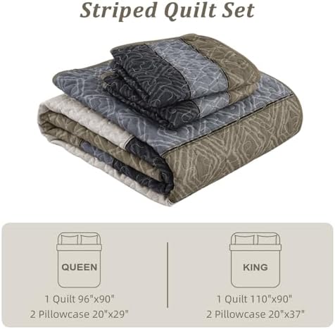 Cottolester Boho Quilt Set King,Black Taupe Striped Plaid Coverlet Set