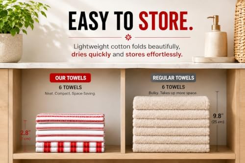 Cotton Kitchen Towels Set of 6, Large, 18 x 28 Inch, Absorbent Dish