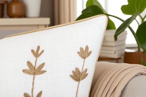 VAGMINE Embroidered Wildflower 20x20 Throw Pillow Cover, Ivory