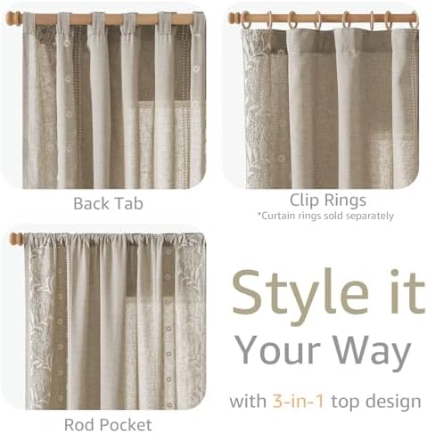 jinchan Taupe Floral Linen Curtains for Living Room 84" Back Tab 2