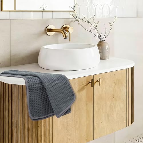16 Piece Thick Dark Grey Waffle Bath Towel Set, 100% Cotton